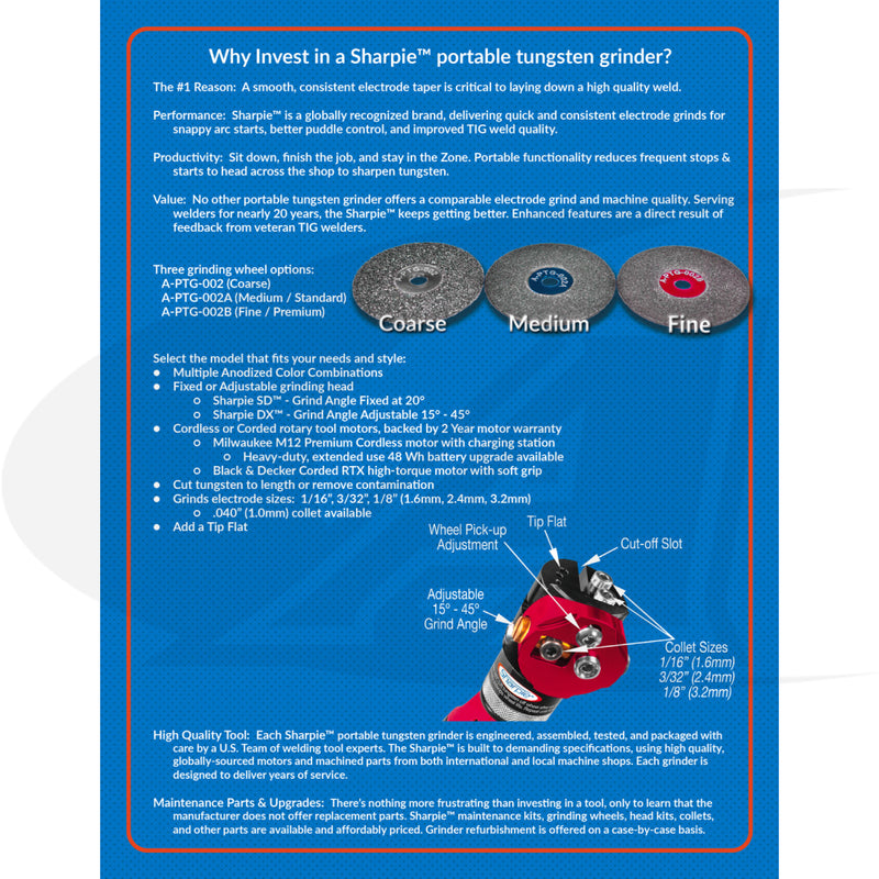 Replacement medium grain BLUE diamond wheel for Arc-Zone Sharpie DX™ head for sharpening tungsten electrodes for TIG welding