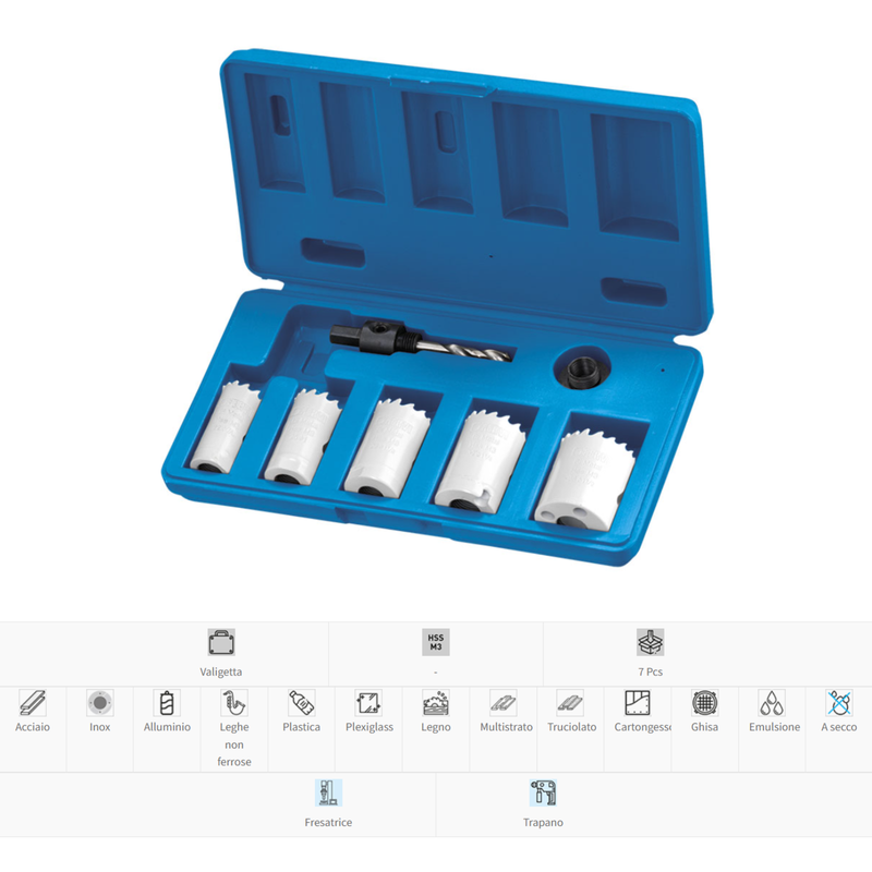 Assortimento di 5 seghe a tazza HSS frese e adattatore in cassetta FERVI 0712/005
