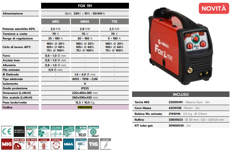 MIG wire welding machine, MMA electrode, TIG HELVI FOX 185 Flex Line Multifunction synergistic single-phase inverter