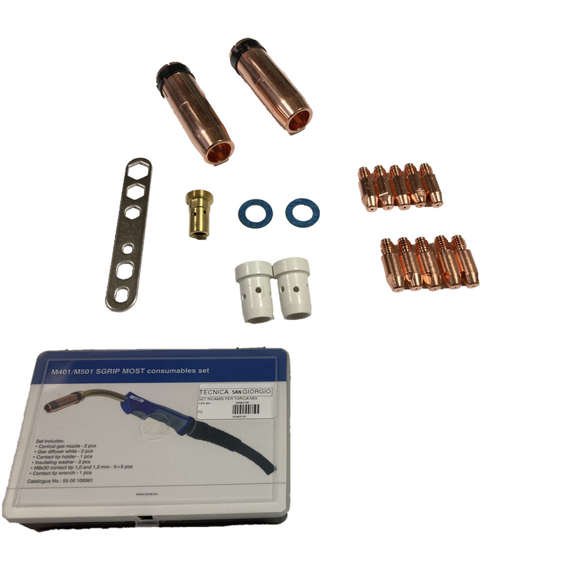 Spare parts set for MIG welding wire torch BZ 501 nozzles, wire guide tips, tip holder 18 pieces