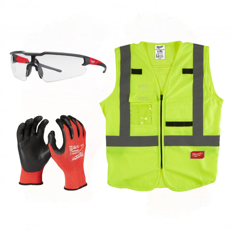 kit-sicurezza-personale-con-gilet-alta-visibilità-giallo-occhiali-di-sicurezza-guanti-da-lavoro-MILWAUKEE