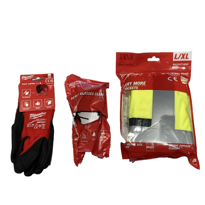 kit-sicurezza-personale-con-gilet-alta-visibilità-giallo-occhiali-di-sicurezza-guanti-da-lavoro-MILWAUKEE