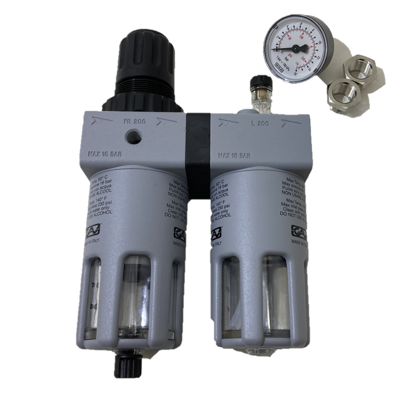 Pneumatic tool pressure regulator with airex filter and pressure gauge